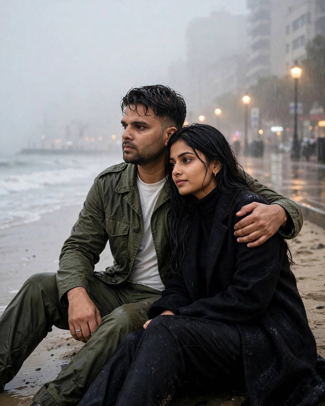 Couple sitting on a rain-wet beach promenade, his arm around her, watching the waves