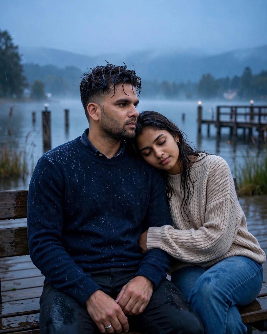 Couple sitting close on a bench at a lake pier in the rain at blue hour, her head on his shoulder