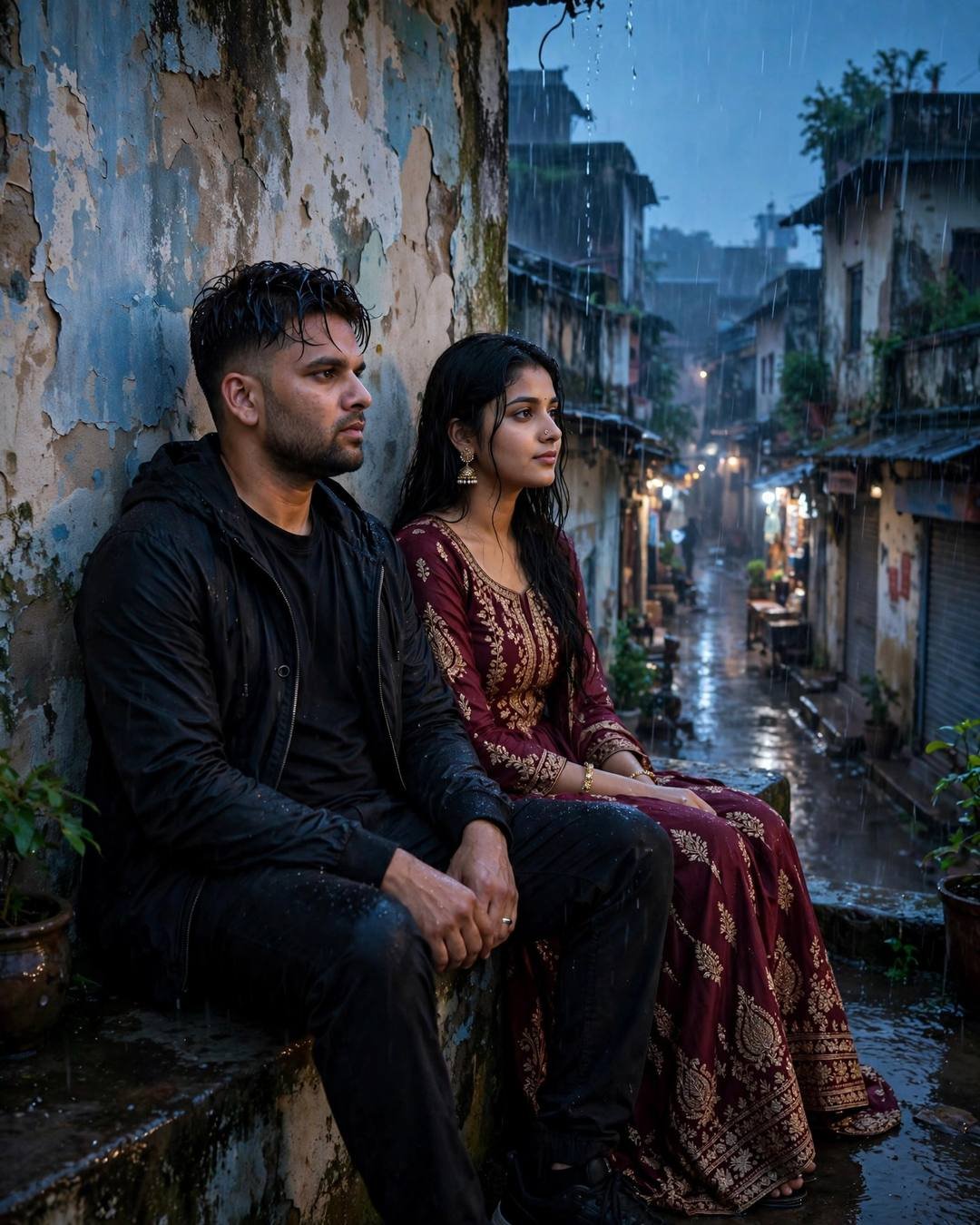 Couple sitting together on a rainy rooftop at night above an old-city lane, sharing a quiet moment