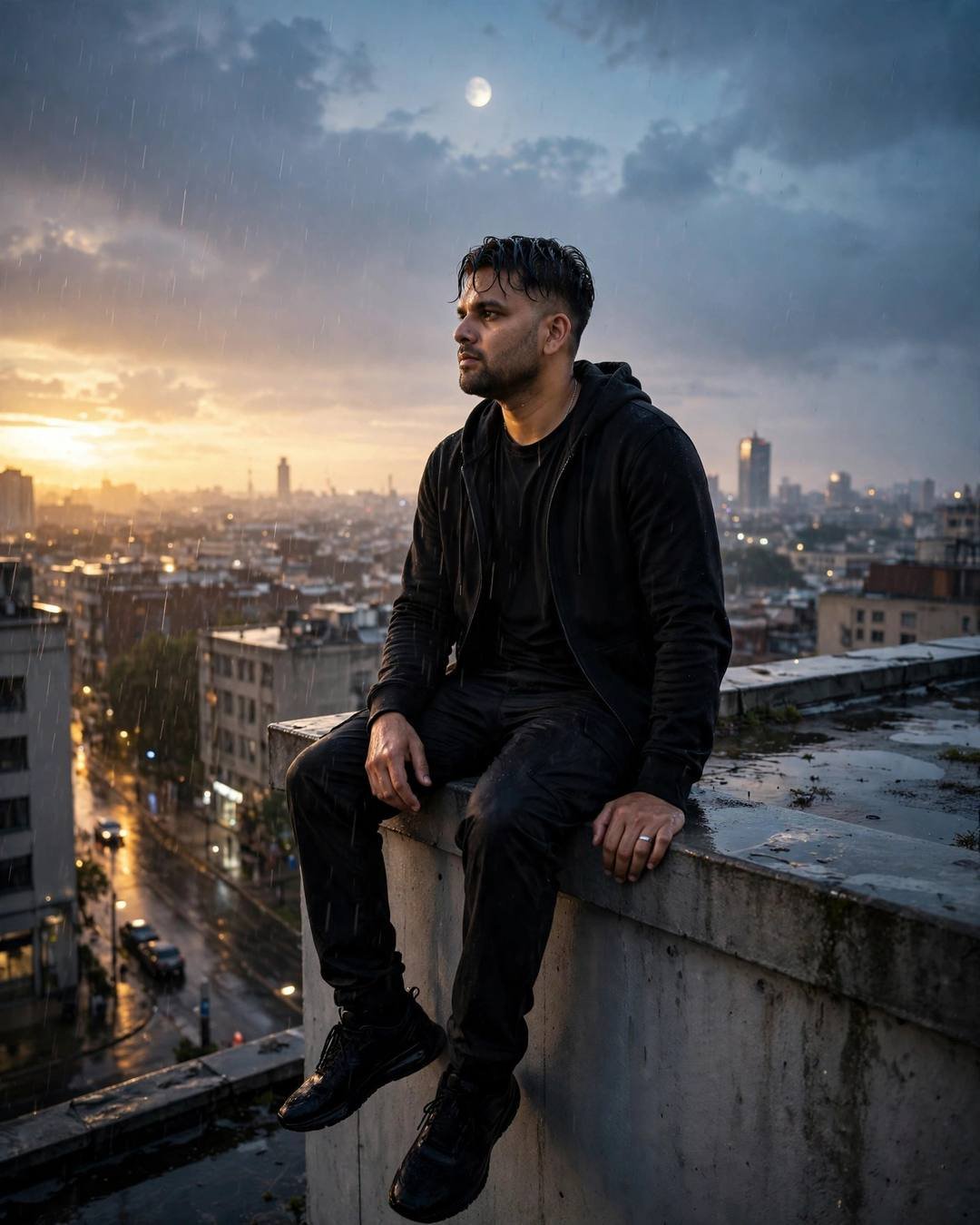 Young man in black streetwear sitting on a rooftop ledge in the rain at golden hour, legs dangling