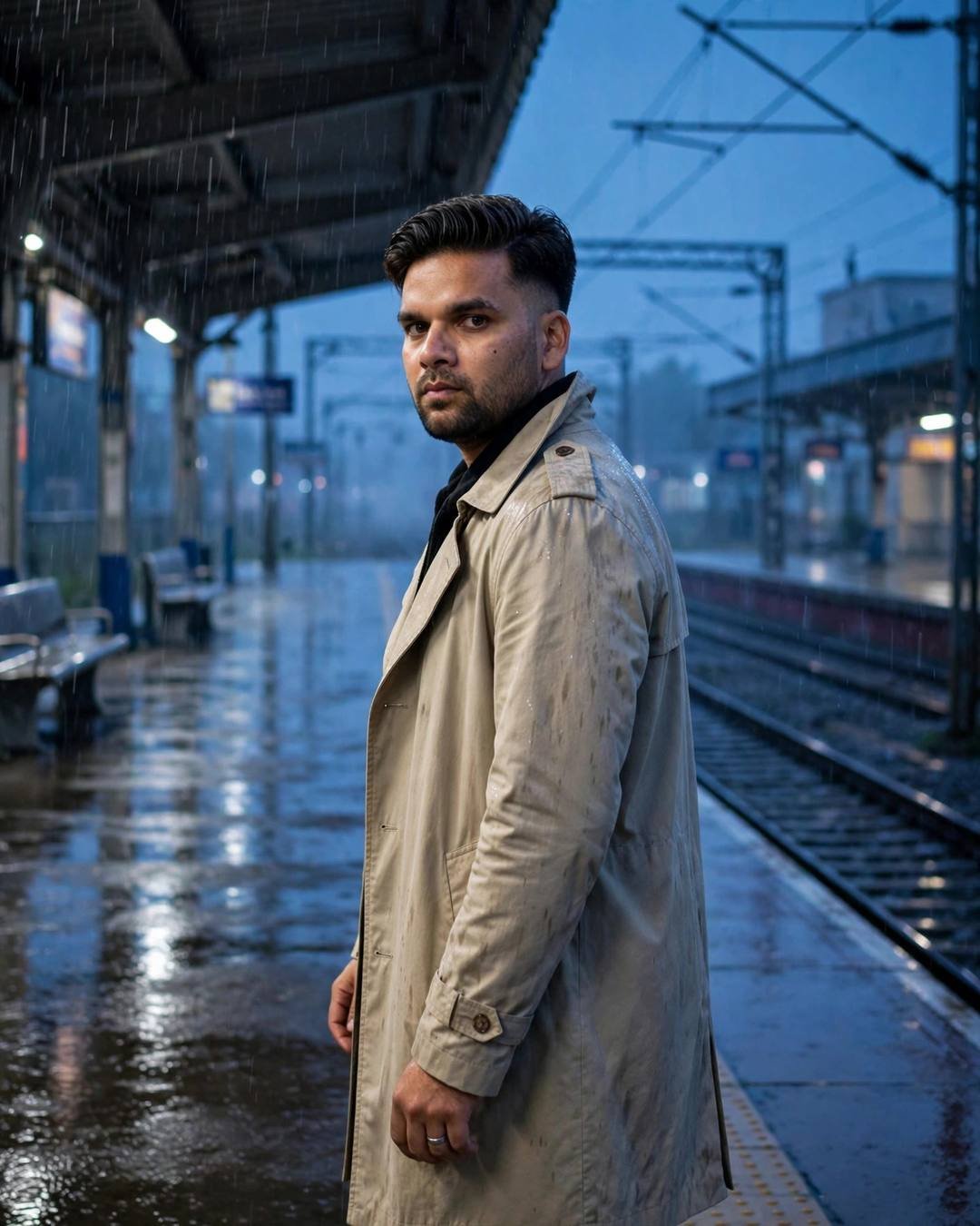 Young man in beige trench coat on an empty railway platform at night, glancing back over his shoulder in the rain