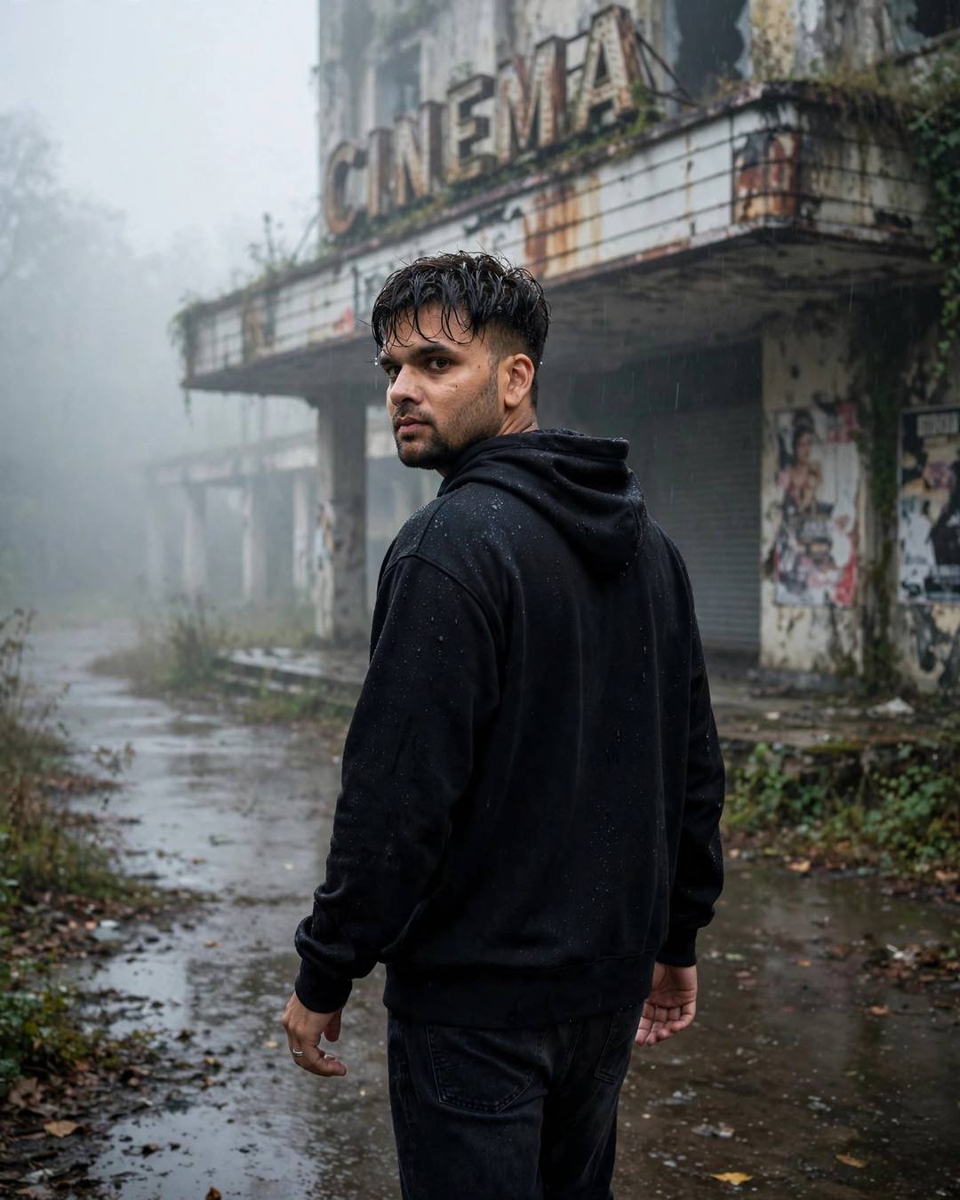 Young man in black hoodie walking past an abandoned cinema hall in fog, glancing back