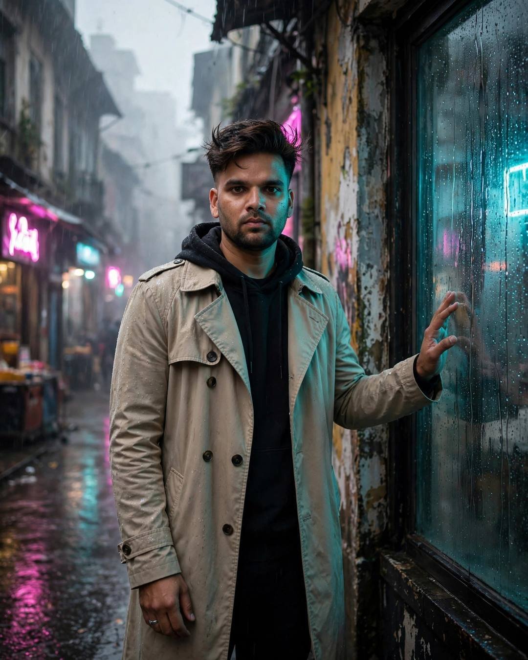 Young man in beige trench coat with one hand on a rain-streaked window in a foggy neon-lit lane