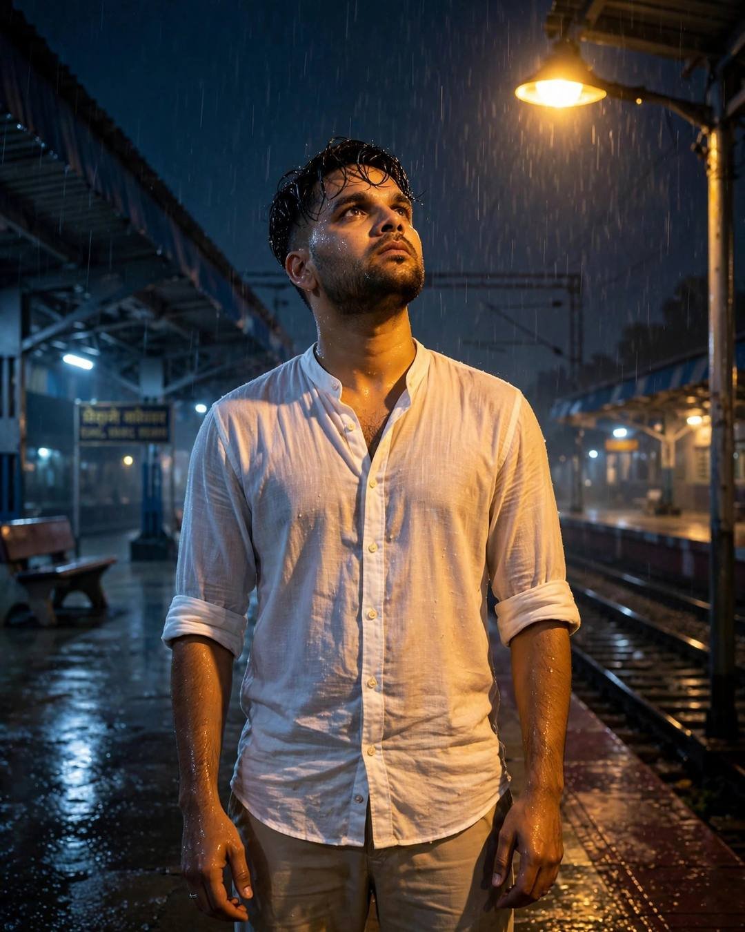 Young man in soaked white linen shirt standing under a platform lamp in the rain at night