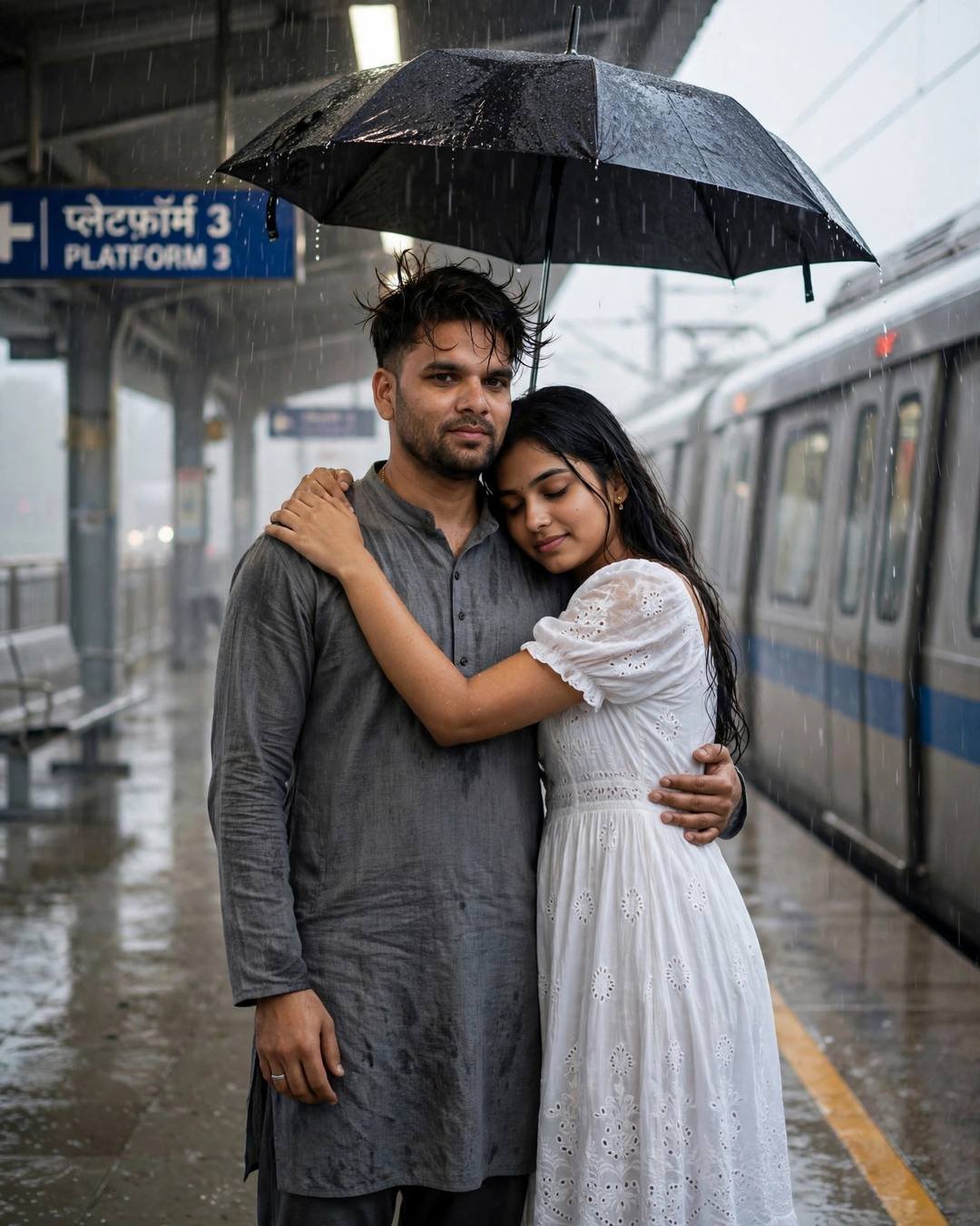 Couple hugging under one black umbrella on a rainy metro platform, train waiting beside them