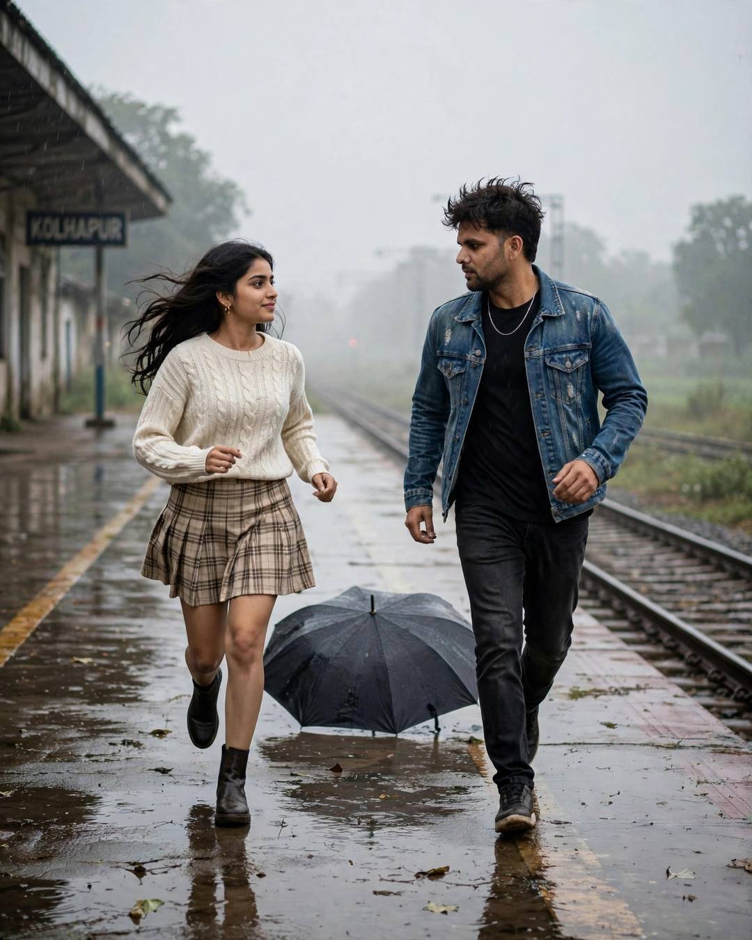 Couple running toward each other on a rainy railway platform, abandoned umbrella on the wet ground