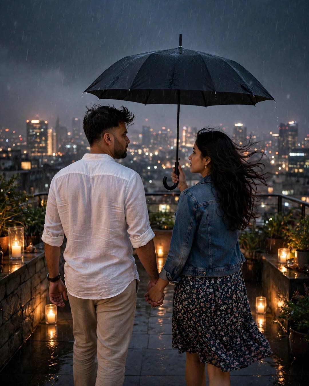 Couple walking away hand in hand under one umbrella on a candlelit rooftop, city lights below