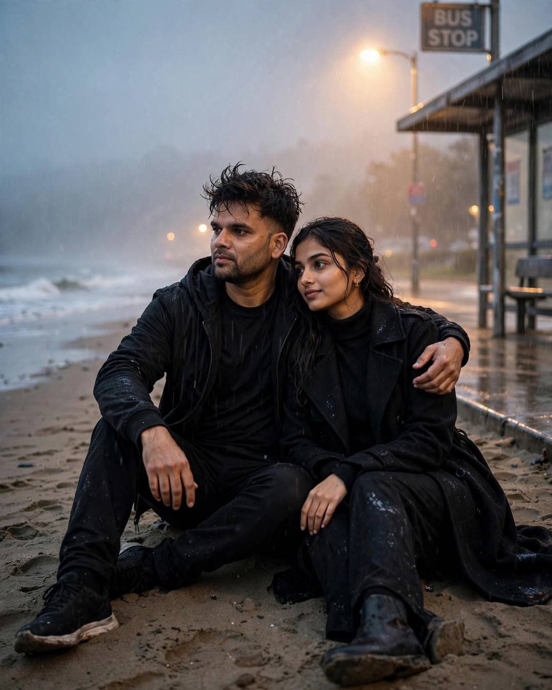 Young Indian couple in black sitting on the sand watching the waves, his arm around her, bus stop in the rain behind