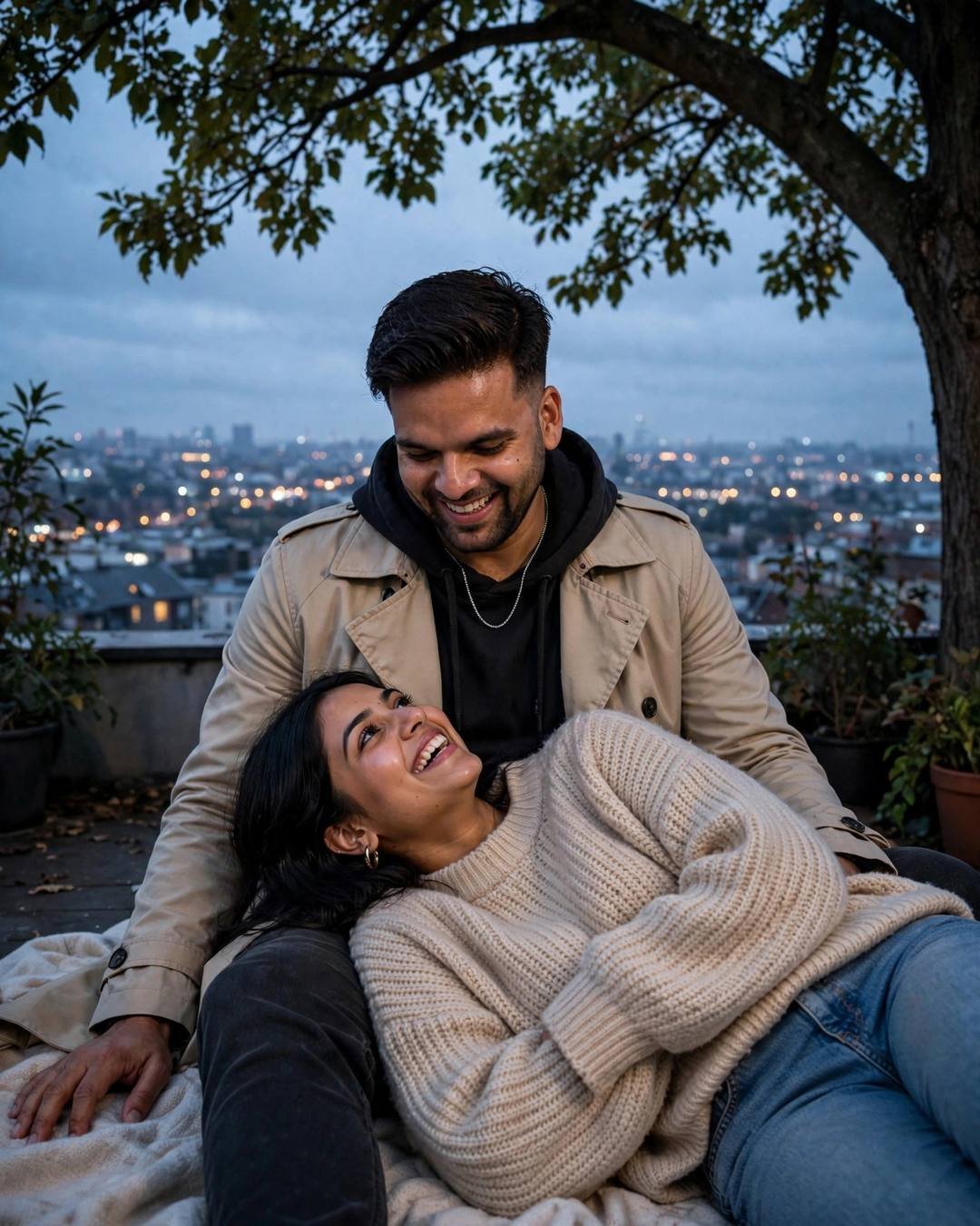 Young Indian couple laughing softly under a tree on a rooftop overlooking a sleeping city at blue hour, her head in his lap