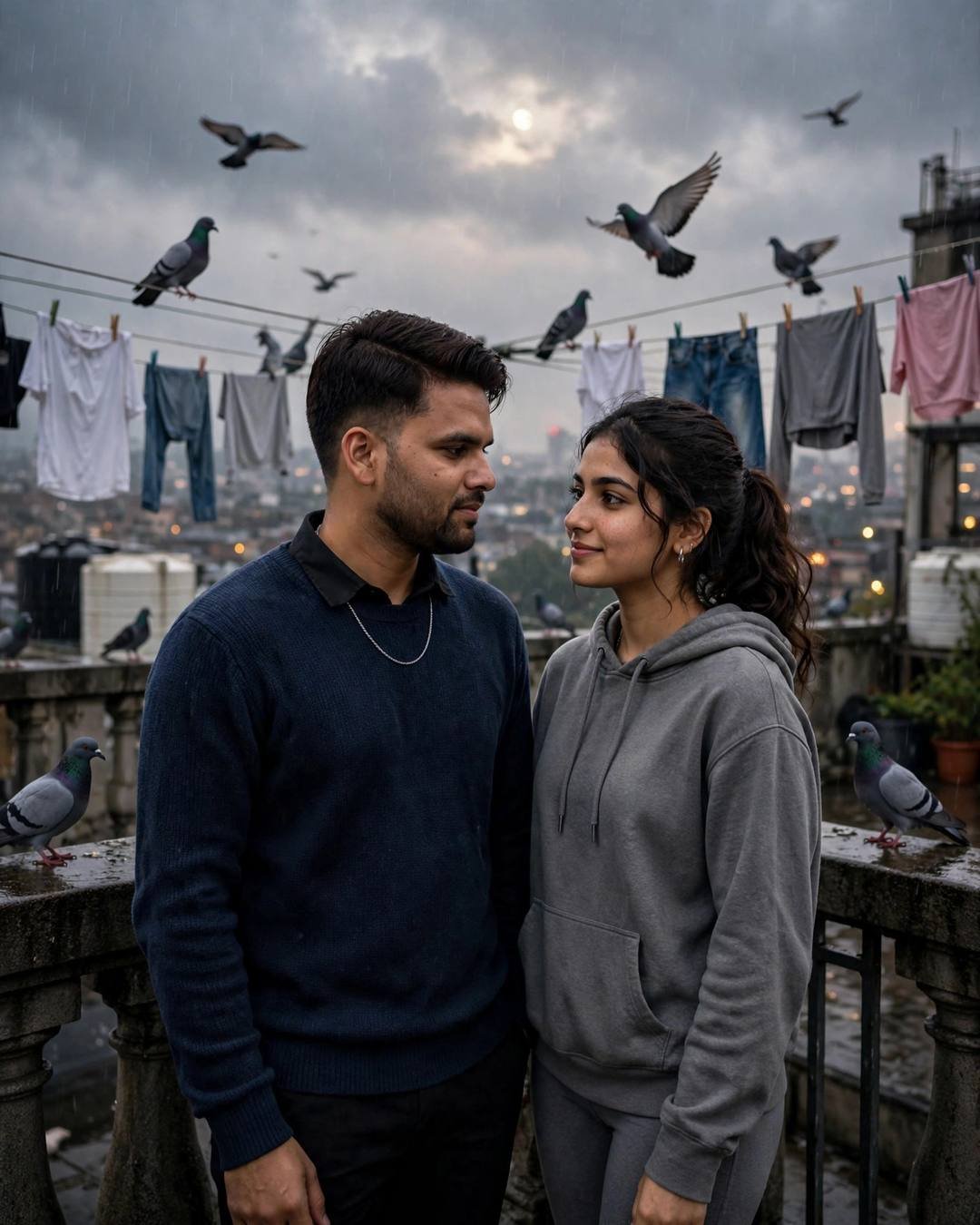 Couple gazing at each other on a rainy rooftop terrace with clothes lines and pigeons