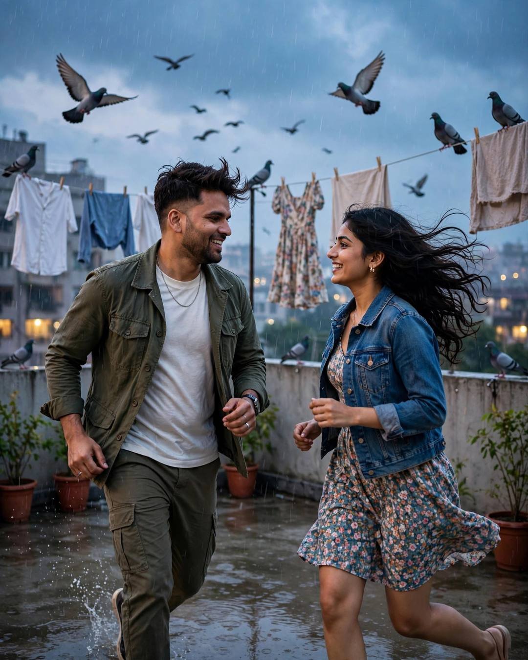 Couple laughing and spinning on a rainy rooftop terrace, pigeons flying around them
