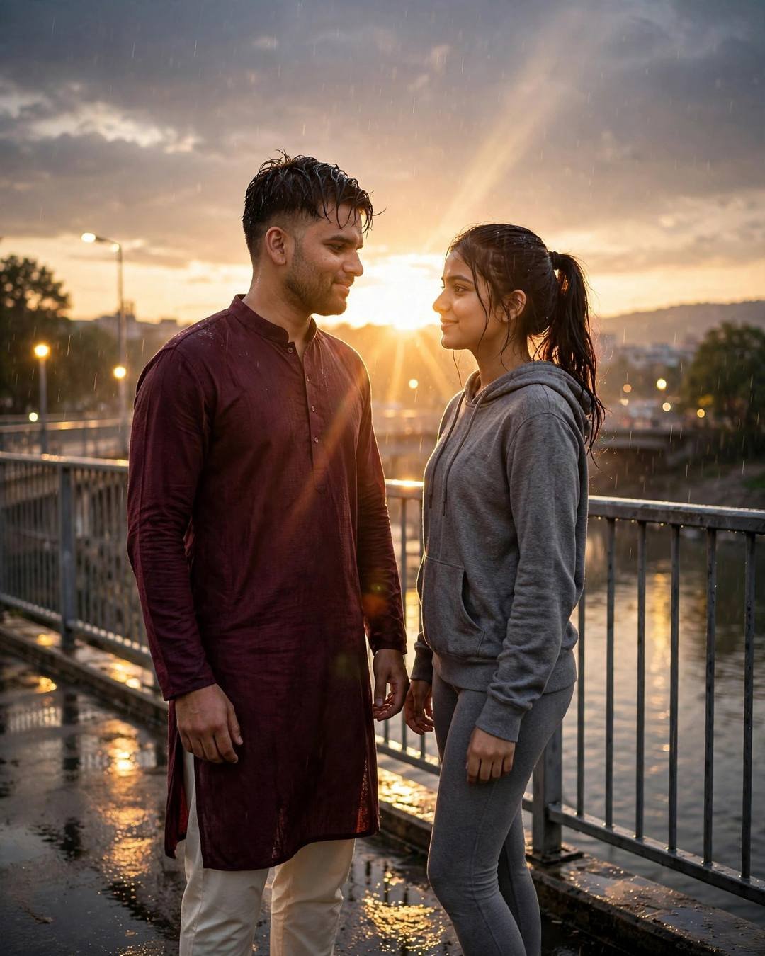 Couple facing each other on a rainy bridge at golden hour, sunburst flaring between them