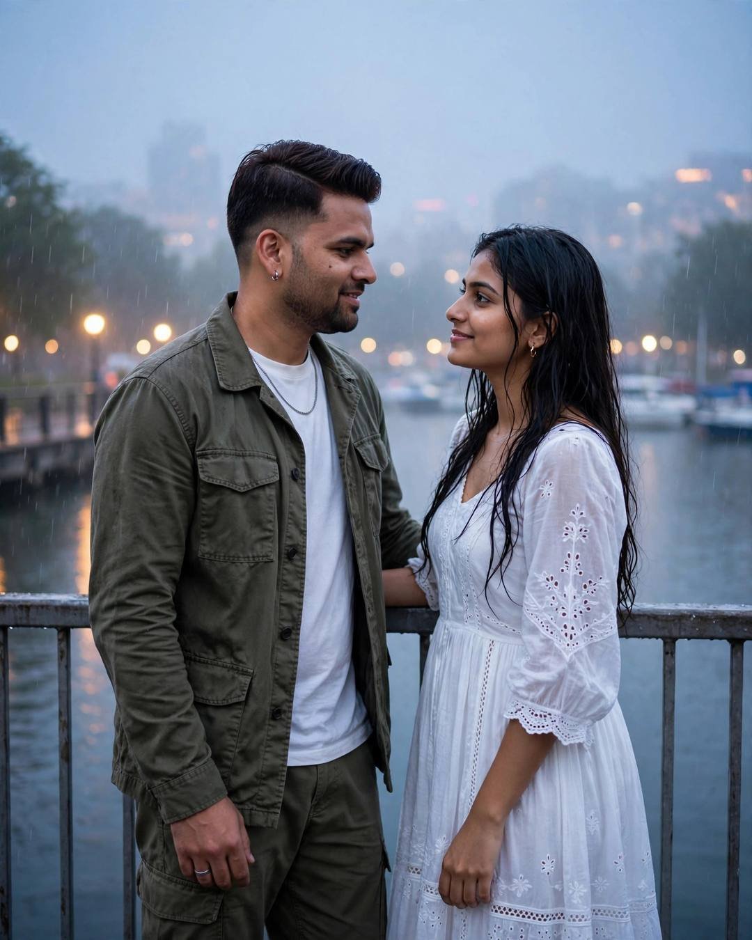 Couple looking at each other on a bridge over a lake pier at dusk in the drizzle