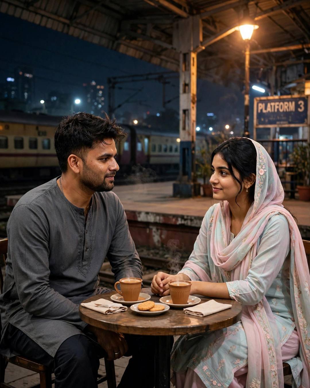 Couple sharing chai at a small table on a night railway platform, hands almost touching