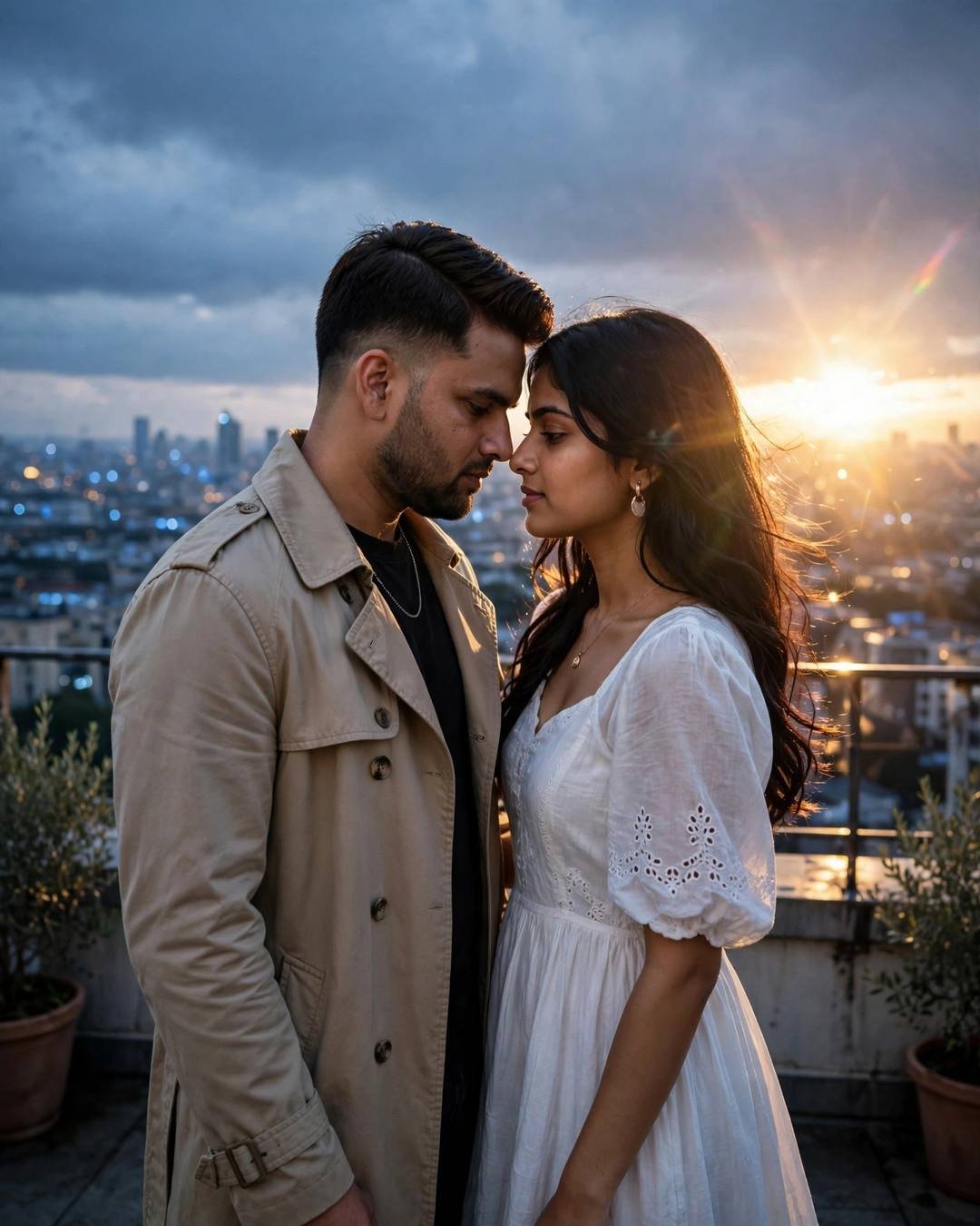 Couple with foreheads almost touching on a rooftop at sunset, city lights behind