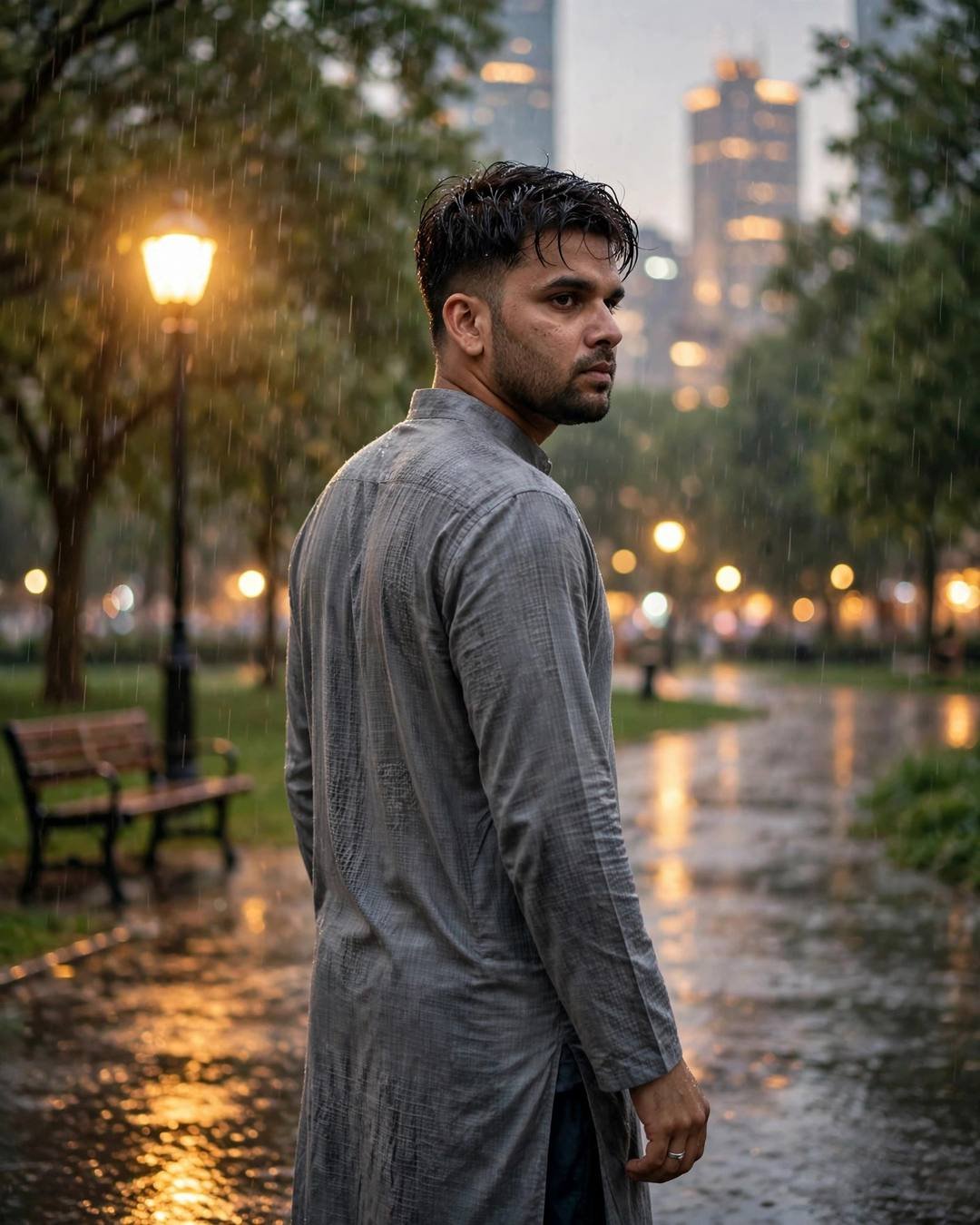 Cinematic AI photo: Designer jacket, empty stare (Sad Attitude)