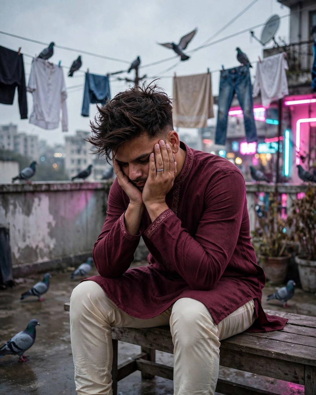 Young Indian man in maroon kurta and cream churidar sitting on a rooftop terrace bench with head in hands, pigeons and clotheslines around him, neon pink and cyan light in the background