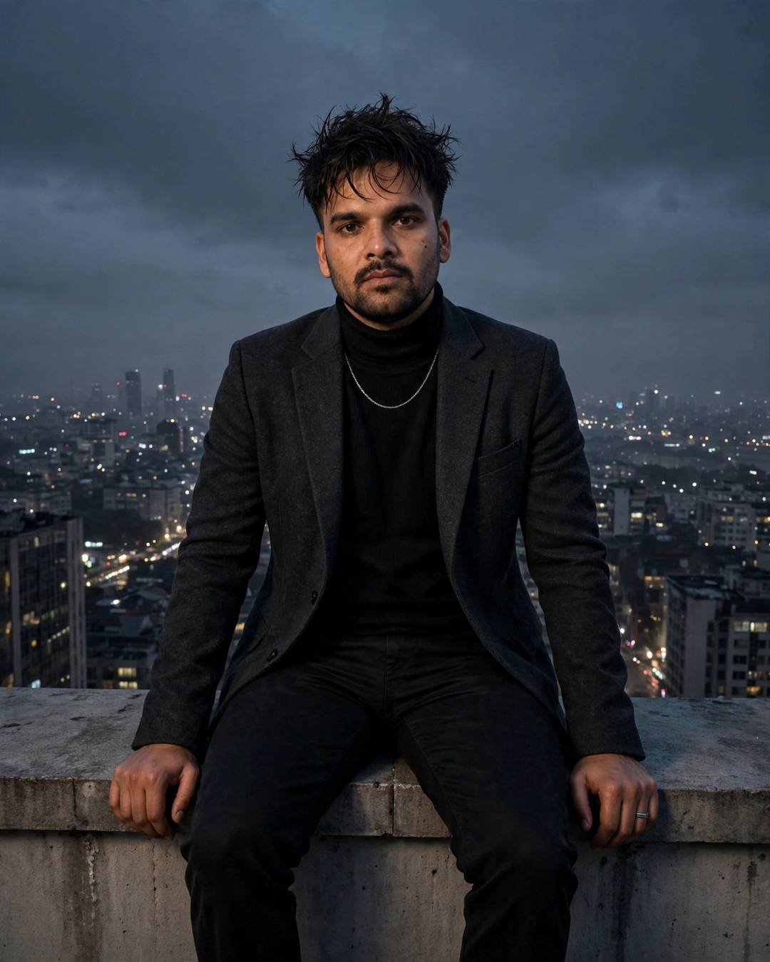 Young Indian man in charcoal blazer and black turtleneck sitting on a rooftop ledge overlooking a sleeping city at midnight
