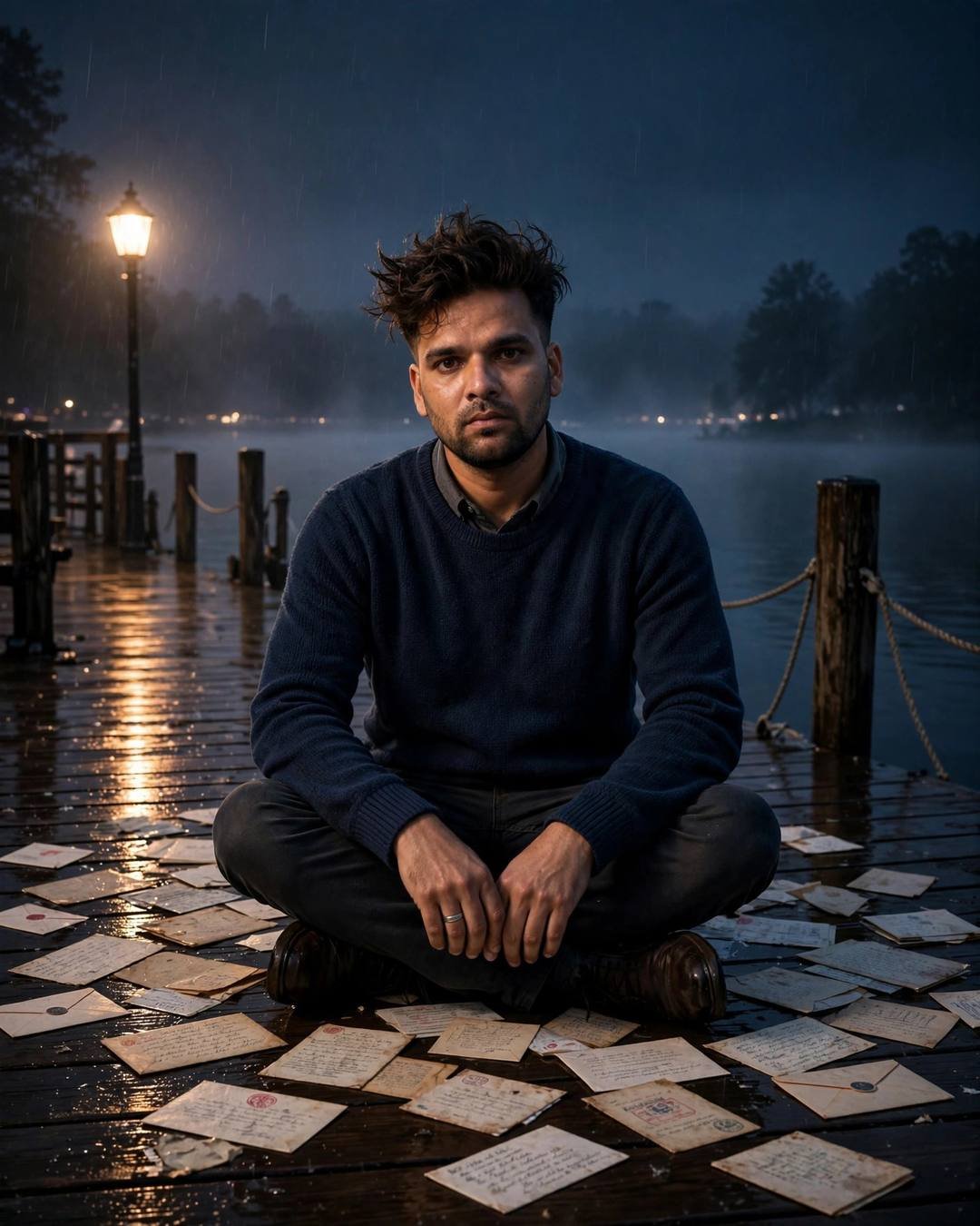 Young Indian man in navy sweater sitting cross-legged on a wet lake pier at dawn surrounded by old letters under a warm streetlamp