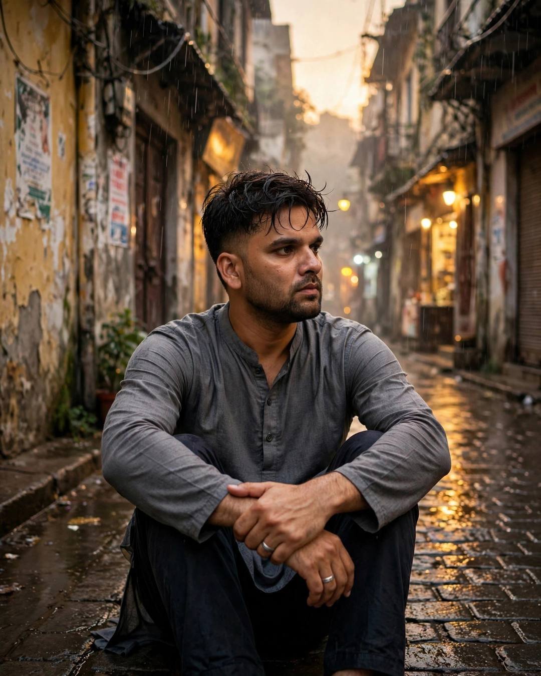 Young Indian man in grey kurta sitting with knees drawn up in a rain-wet old-city lane at golden hour