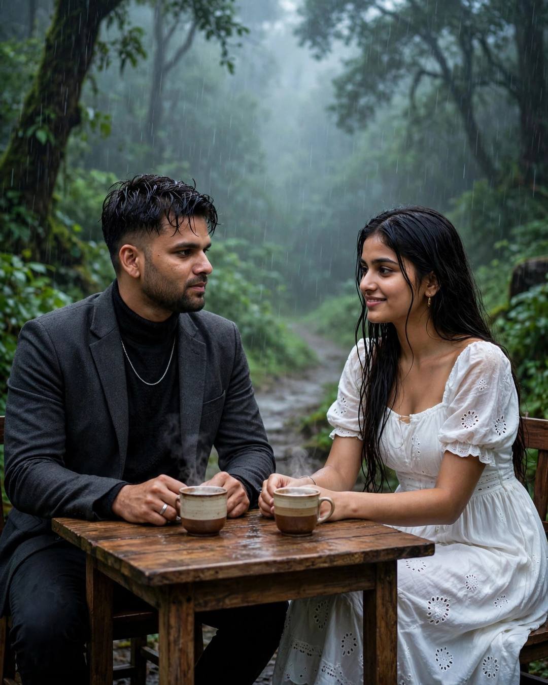 Young Indian couple sharing a rain-soaked wooden cafe table on a misty forest path, hands almost touching over steaming cups