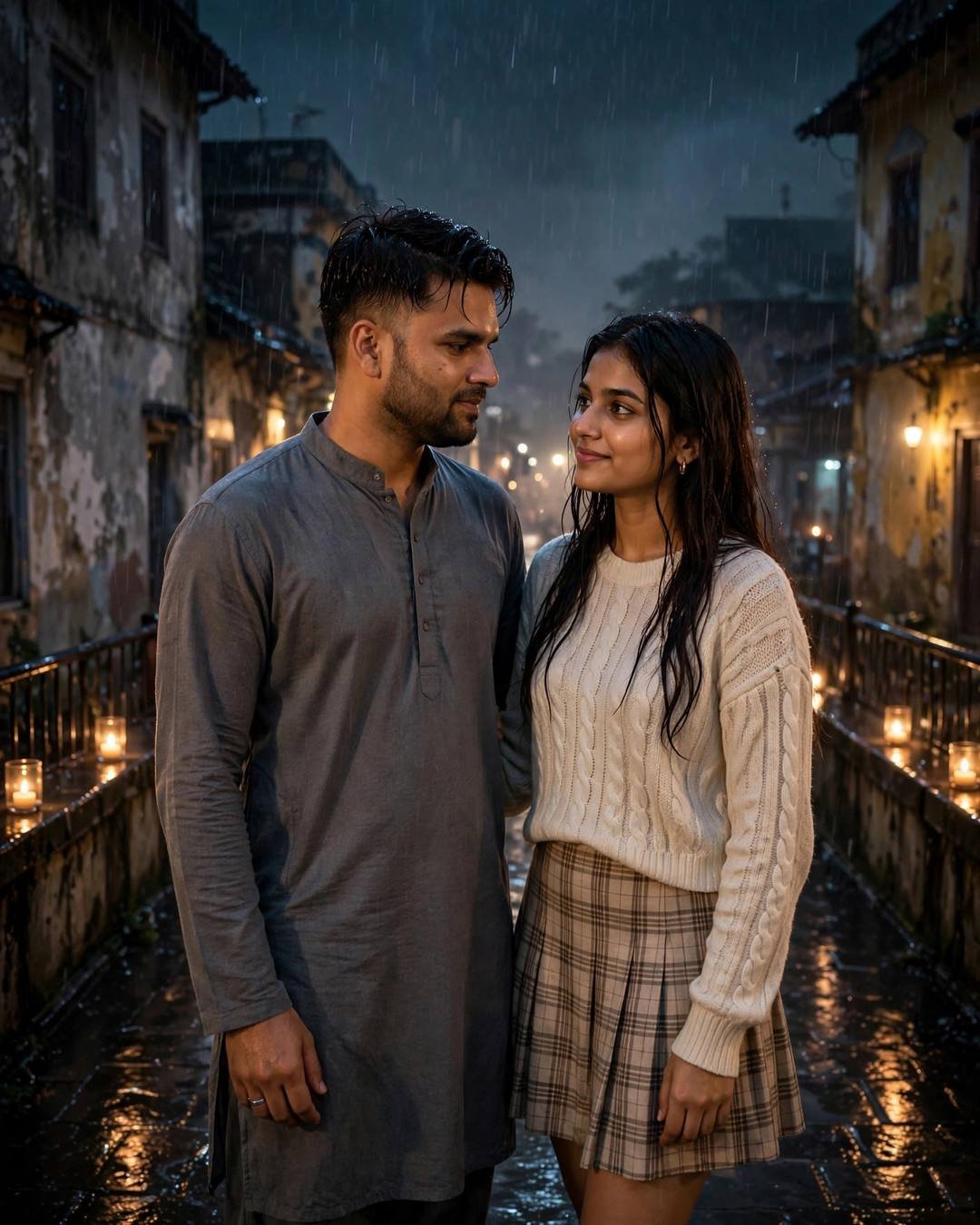 Young Indian couple standing on a rain-wet old-city bridge at midnight with candlelit railings, looking at each other