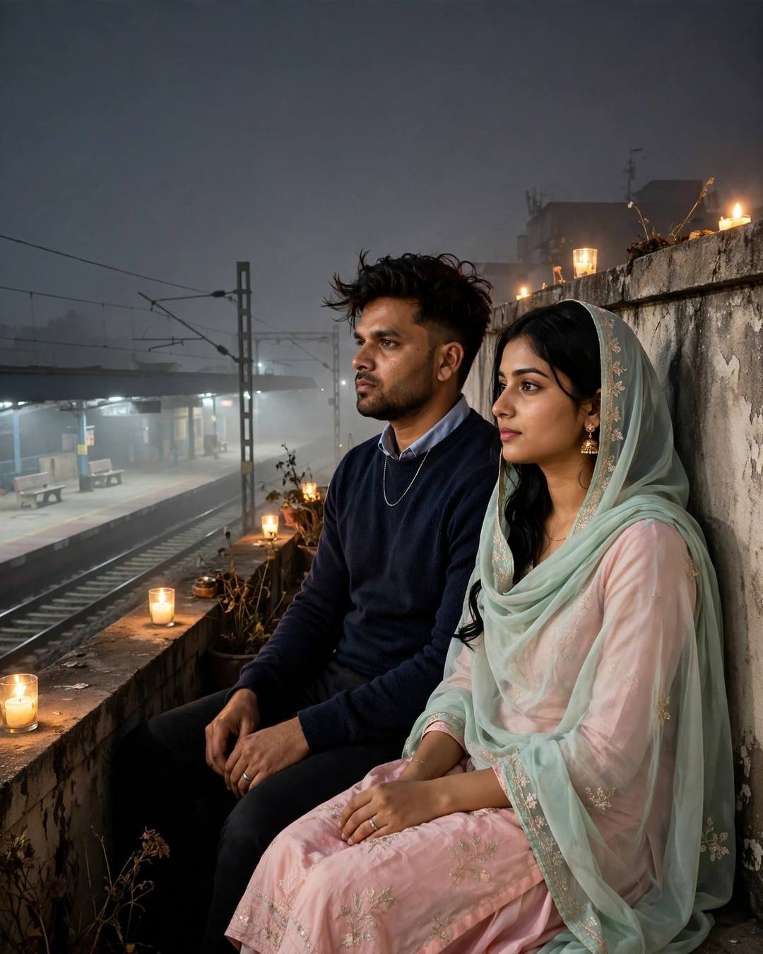 Young Indian couple sitting on a rooftop wall beside a foggy railway platform at night, holding hands loosely, looking in opposite directions