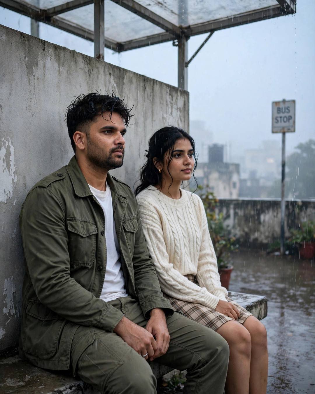 Young Indian couple sitting side by side at a rainy bus stop shelter in the blue hour, sharing silence