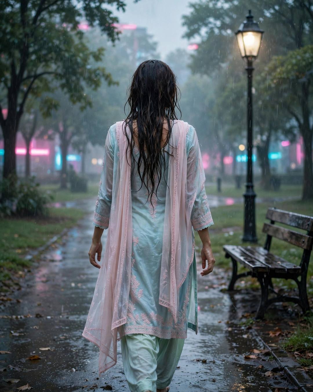 Young Indian woman in pastel salwar-kameez walking away down a rain-wet park path at dawn under a lone lamp with neon glow