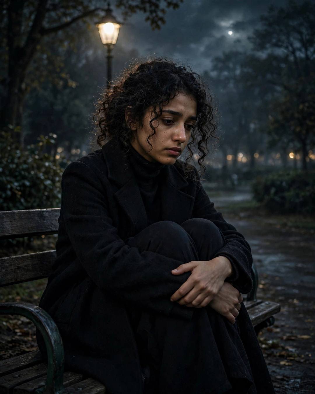 Young Indian woman with curly hair in black turtleneck and long coat sitting curled on a park bench at midnight under a lone lamp