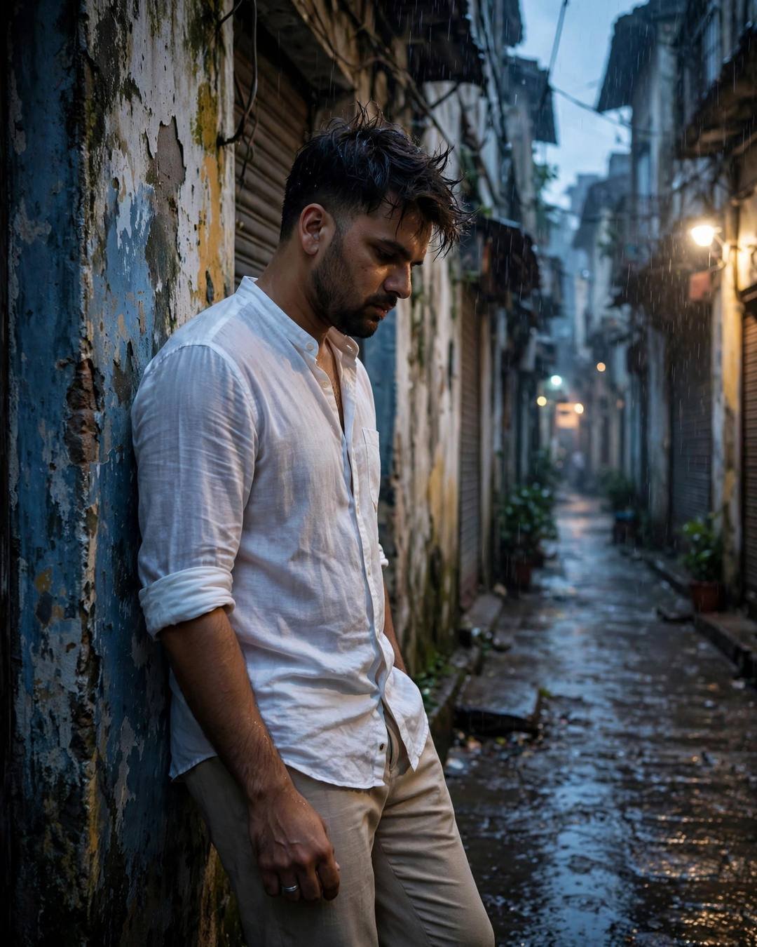 Young man in white linen shirt leaning against a weathered wall in a rain-soaked old-city lane