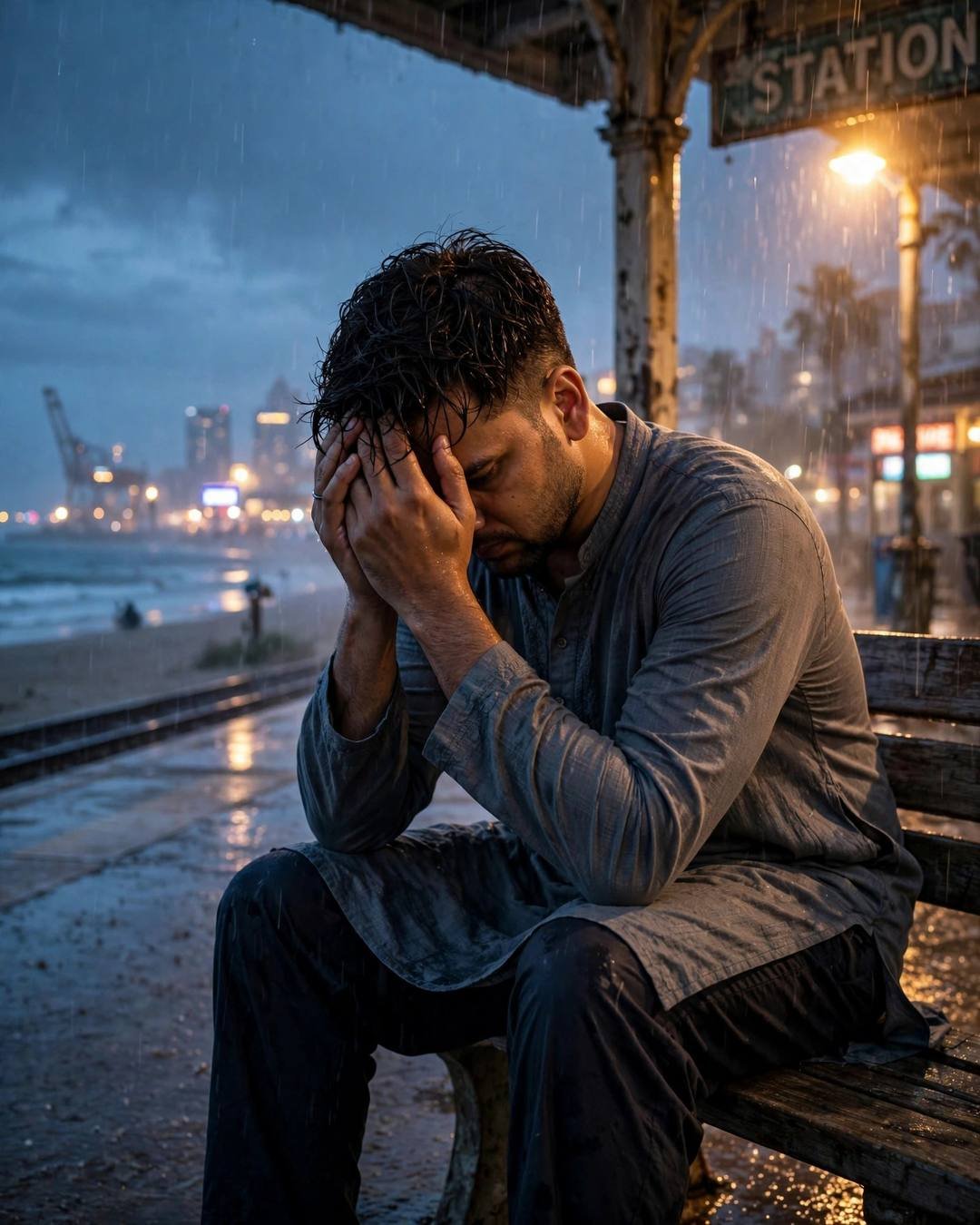 Young man in grey kurta sitting on a station bench with his head in his hands in the rain