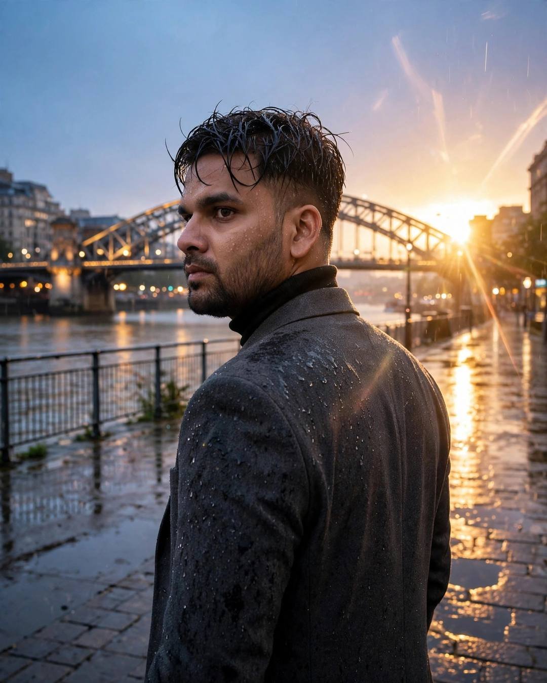 Young man in charcoal blazer looking back over his shoulder on a wet promenade as sun breaks behind a bridge