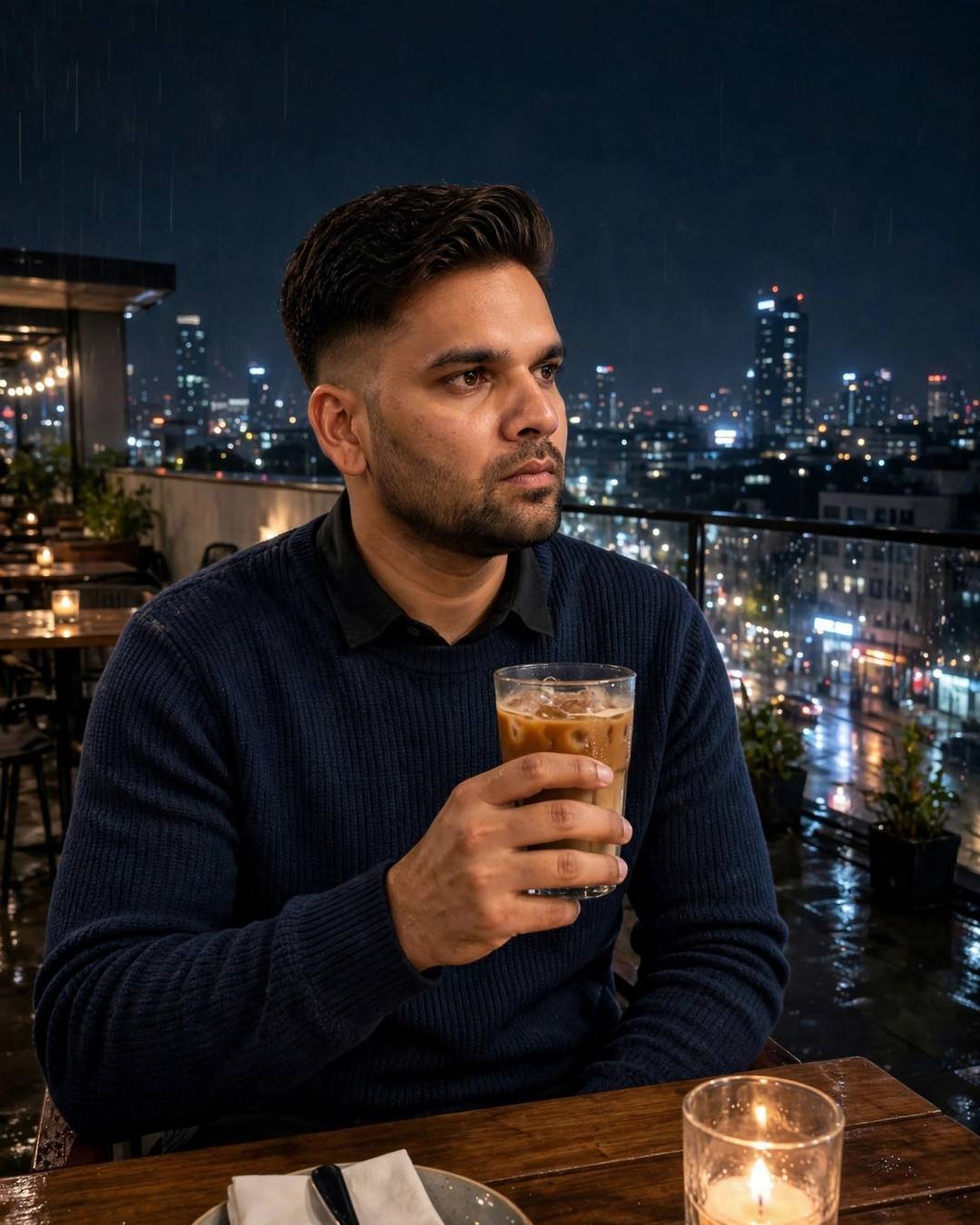 Young man in navy sweater with cold coffee at a candlelit rooftop café at midnight, city skyline behind