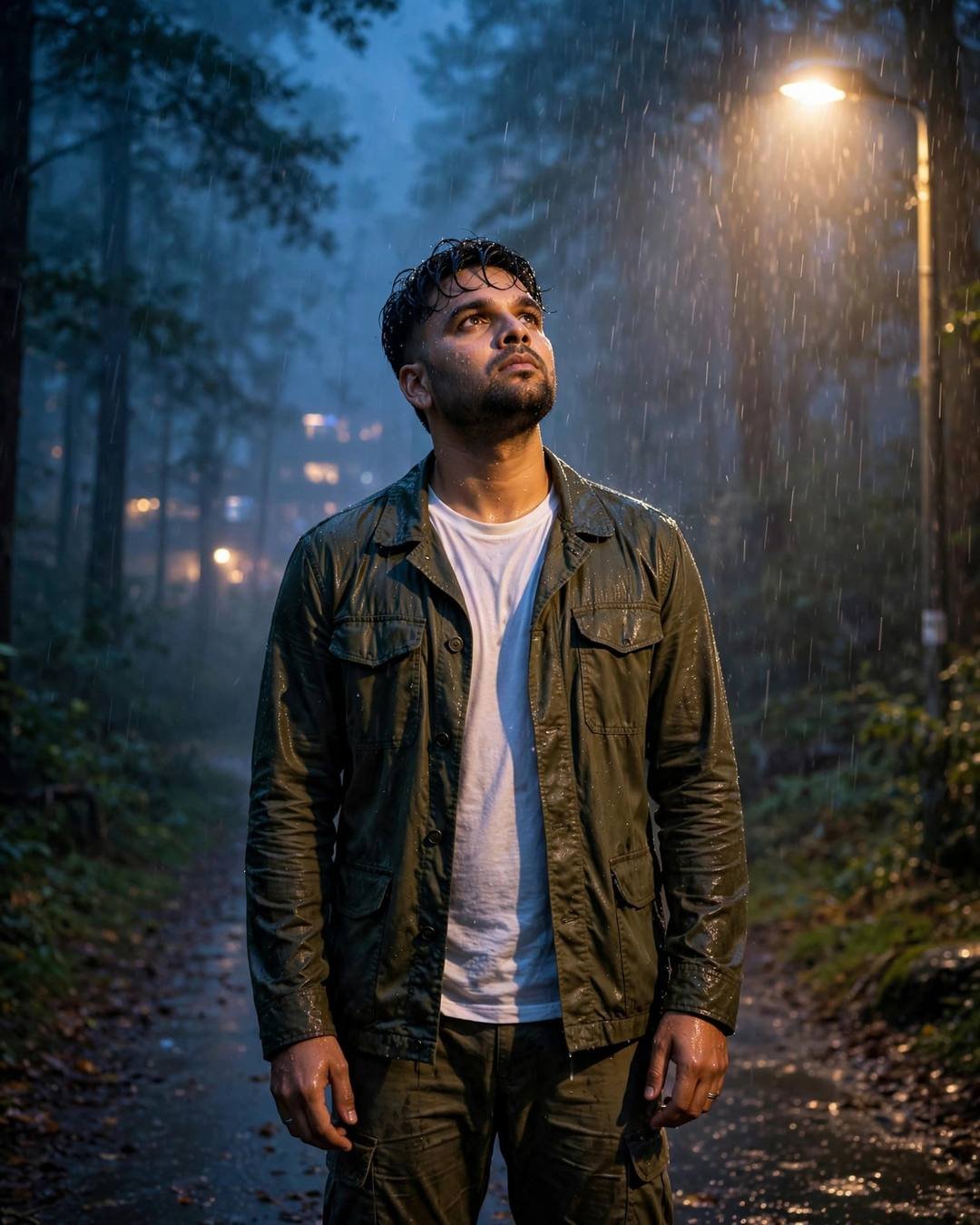 Young man in olive field jacket standing under a streetlamp in the rain on a misty forest path