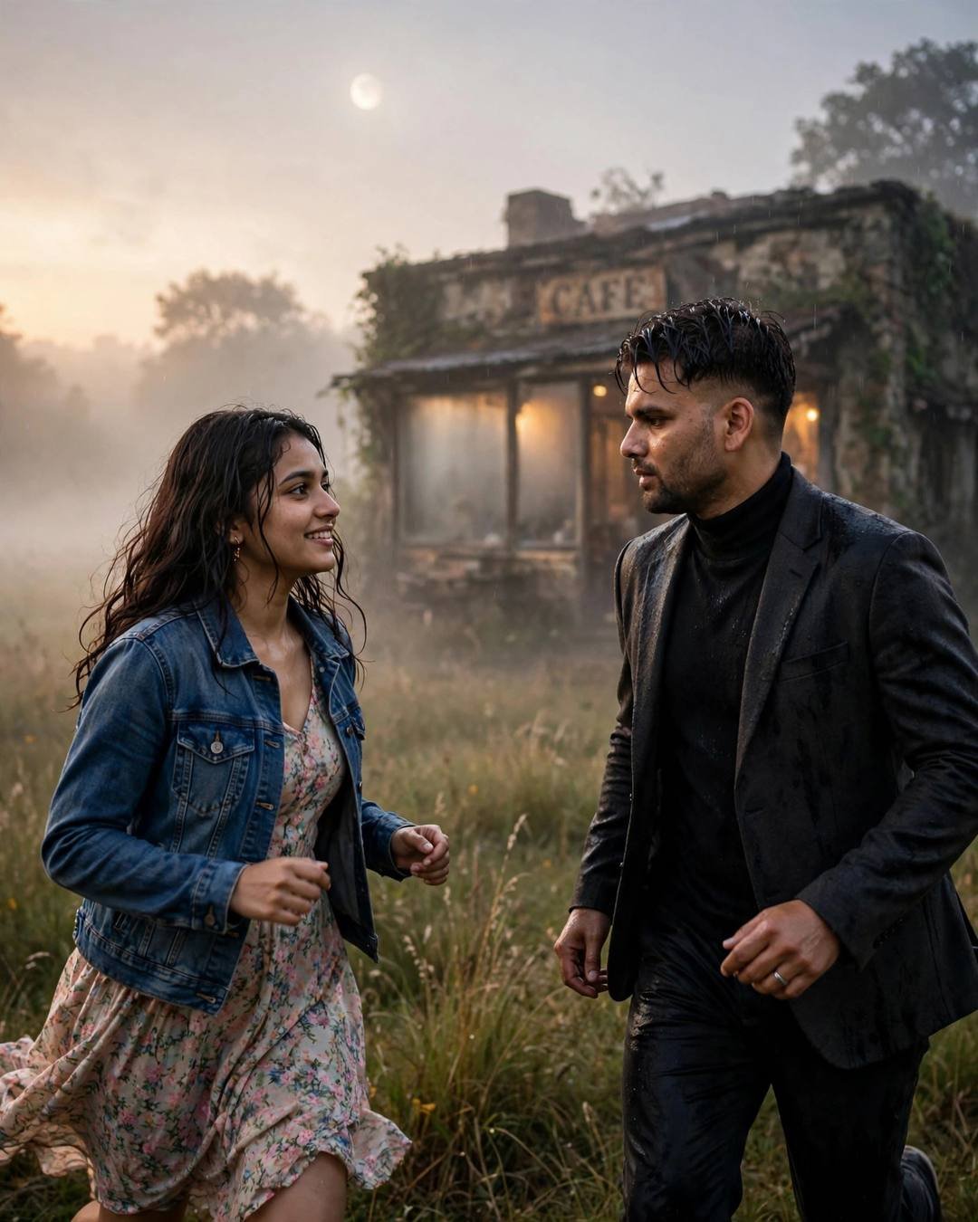 Couple running toward each other through a foggy field at sundown, old cafe glowing behind them