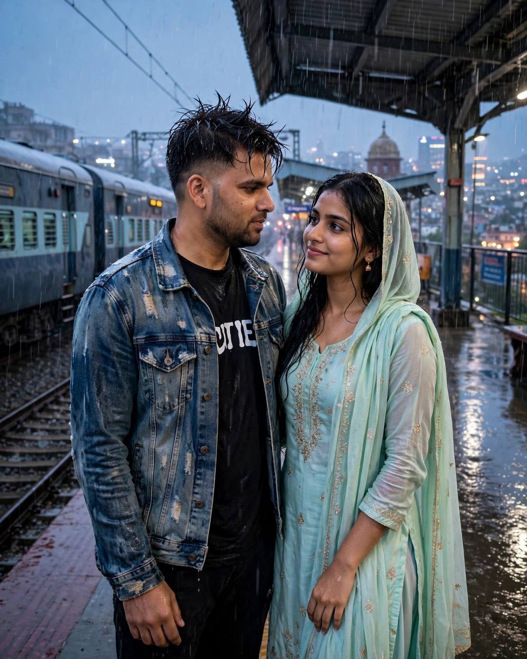 Couple standing face to face on a rain-wet railway platform at blue hour