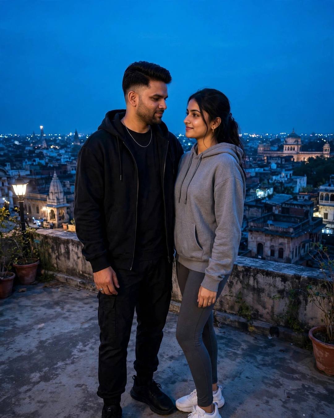 Couple standing close on a rooftop at blue hour above an old temple city
