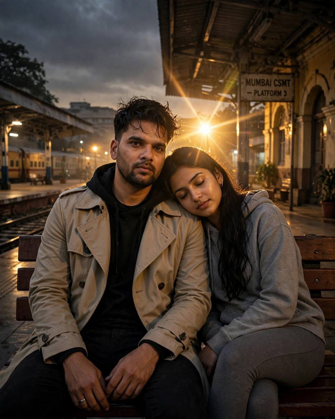 Couple sitting close on a bench at Mumbai CSMT Platform 3, her head on his shoulder, golden flare