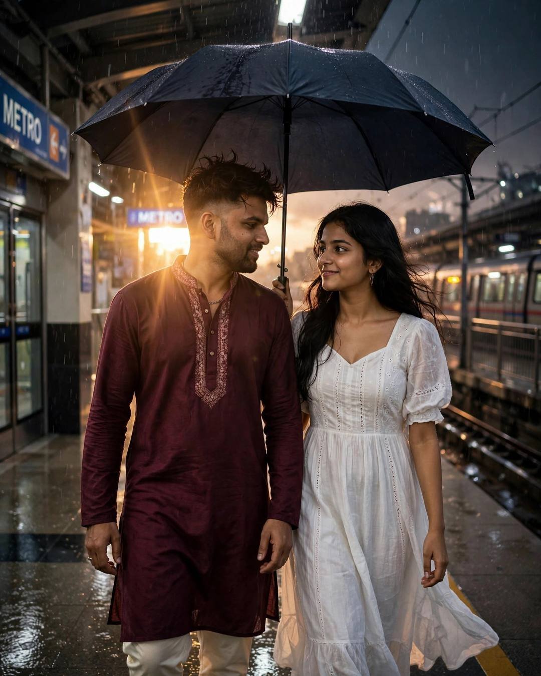 Young Indian man in a maroon kurta and a woman in a white dress walking under one black umbrella at a rainy metro station at night