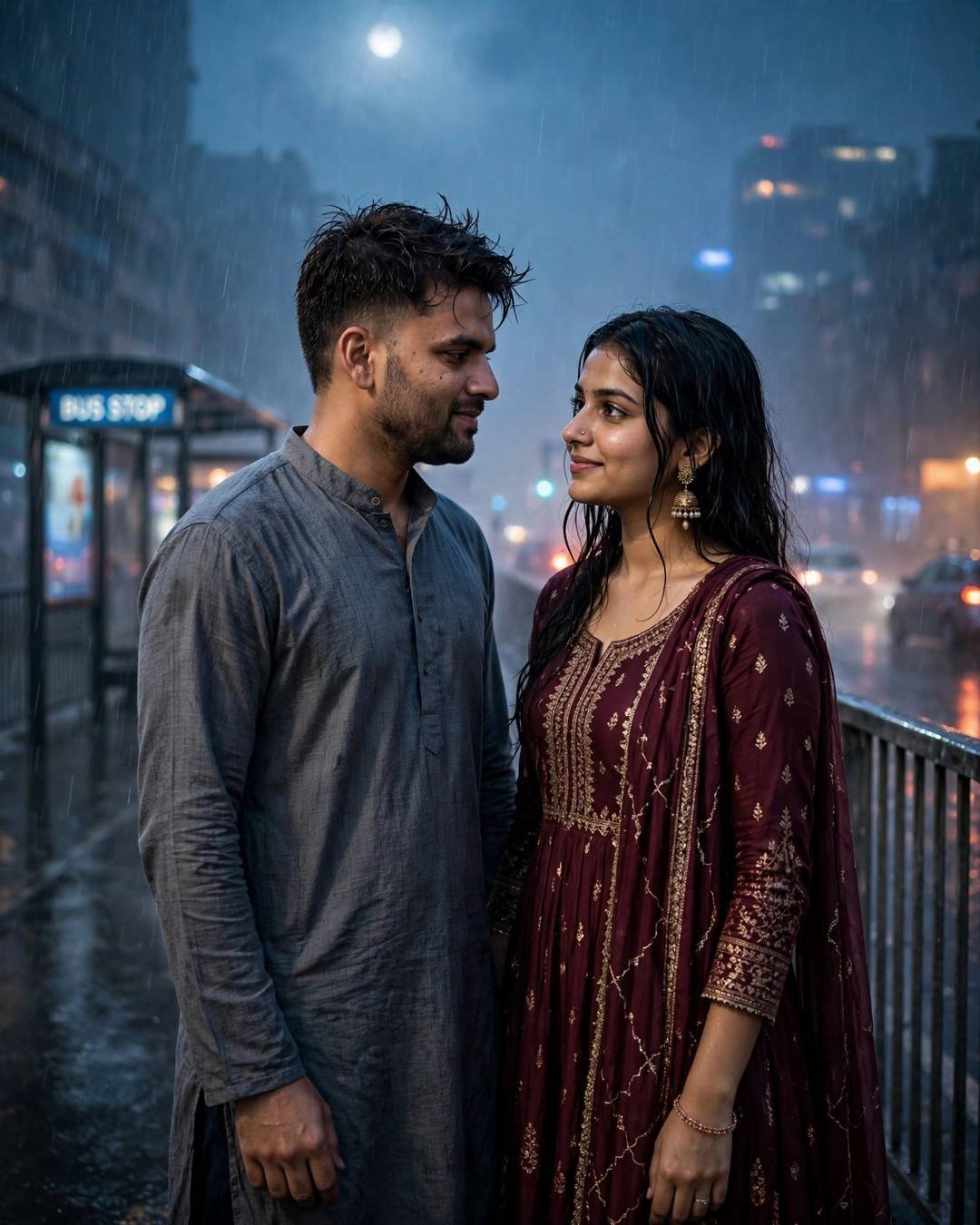 Young Indian man in a grey kurta and a woman in a maroon anarkali with jhumkas gazing at each other at a rainy bus stop under blue-hour moonlight