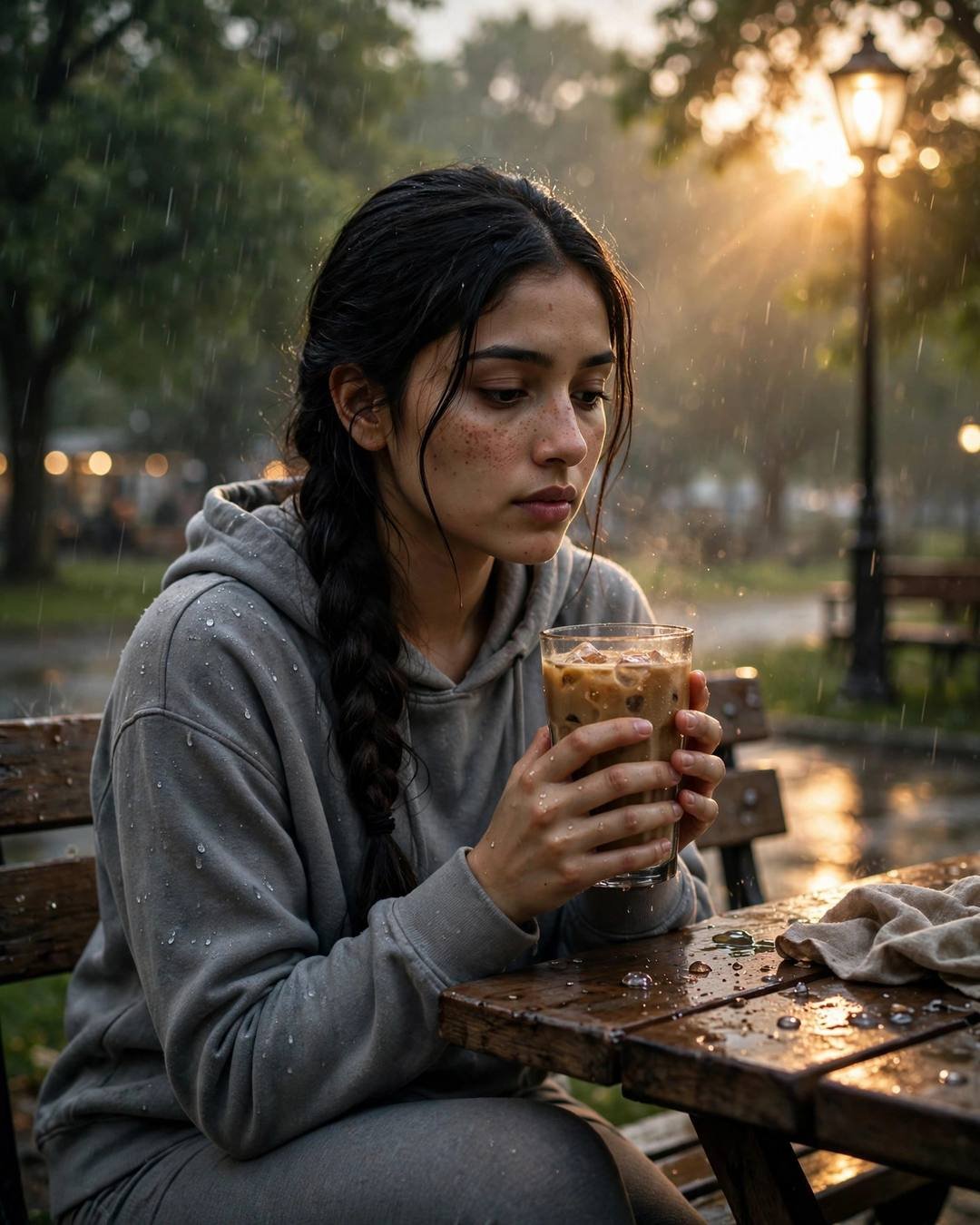 Young Indian woman in a grey hoodie with a long braid, cradling an iced coffee at a rain-wet park bench in golden-hour light