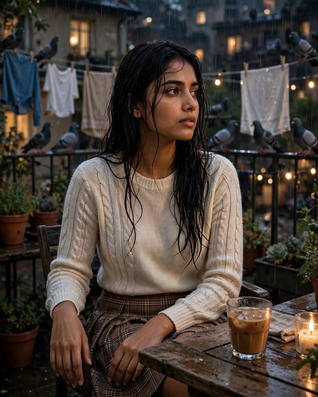 Young Indian woman in a cream knit top and plaid skirt with wet hair, seated at a rainy rooftop terrace with clothes lines, pigeons and a lit candle