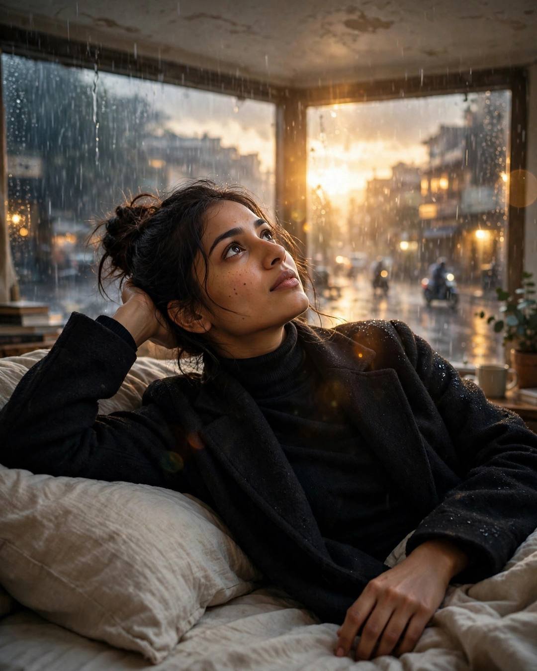 Young Indian woman in a black turtleneck and long coat lying back with her arm behind her head, gazing hopefully through a rain-streaked city window in golden light