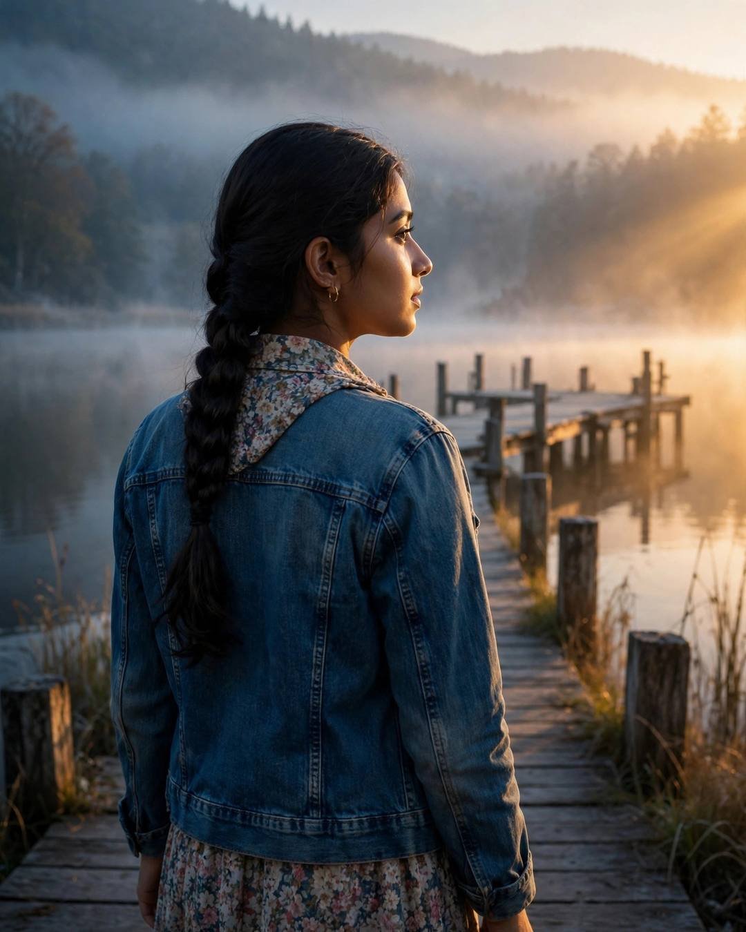 Young Indian woman in a denim jacket over a floral dress with a long braid, looking back over her shoulder on a misty lake pier at dawn