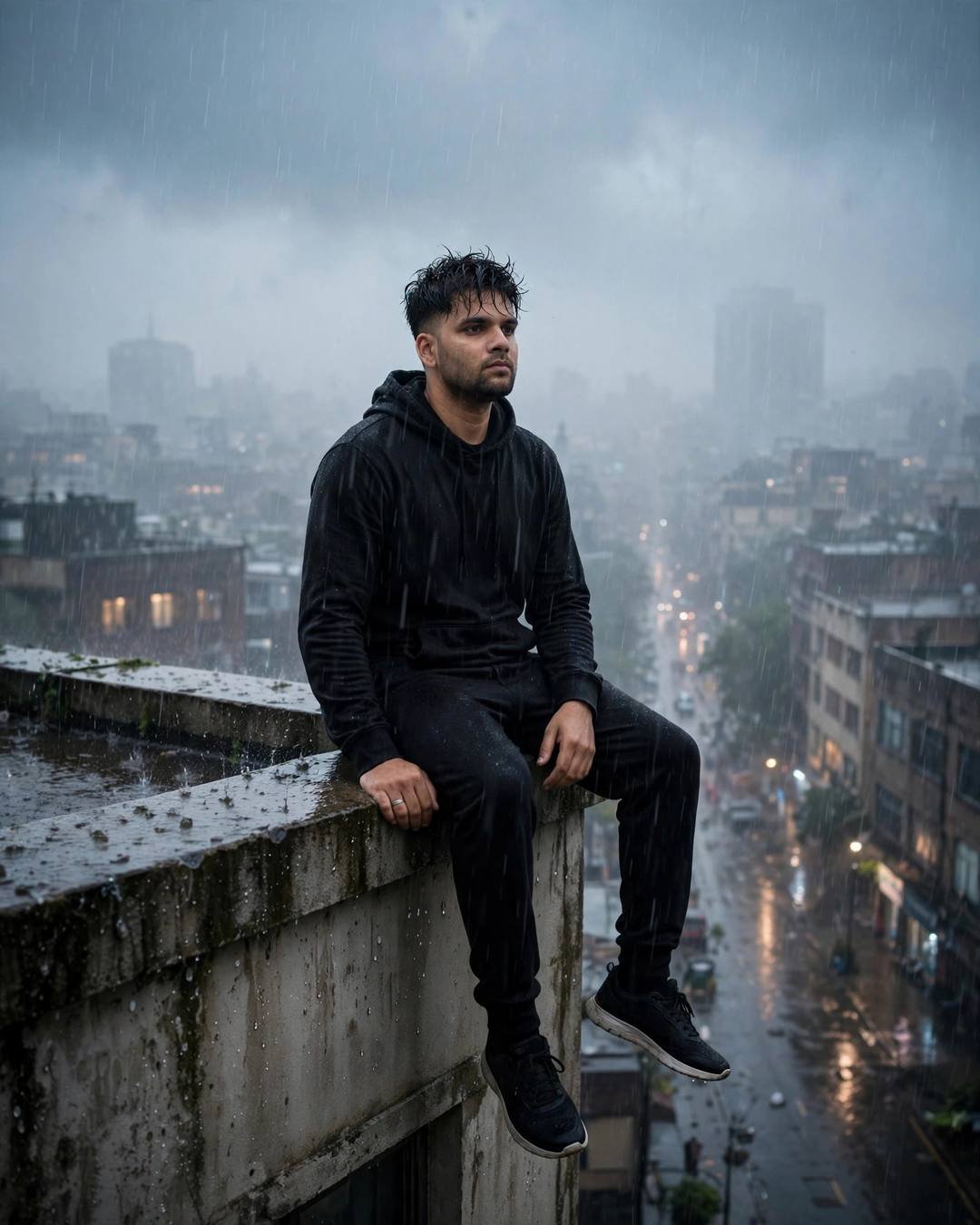 Young Indian man in all-black streetwear sitting on a rooftop ledge with legs dangling over a rain-soaked city street in monsoon dawn