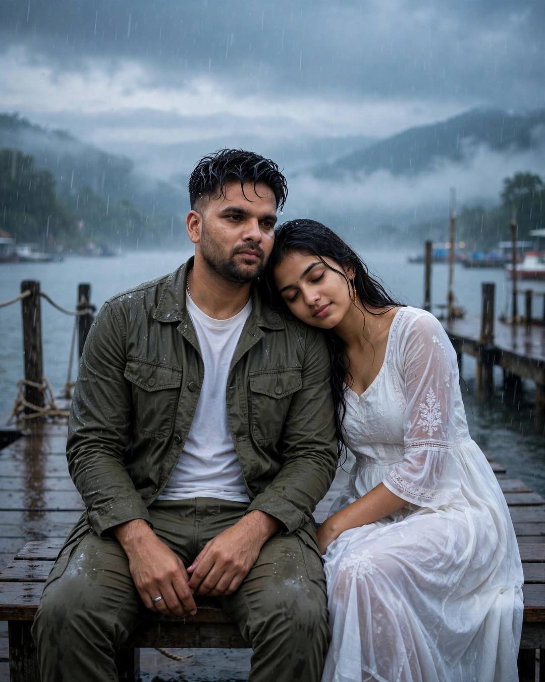 Young Indian couple on a rainy lake pier at dawn — woman in white dress leaning on man's shoulder, olive field jacket