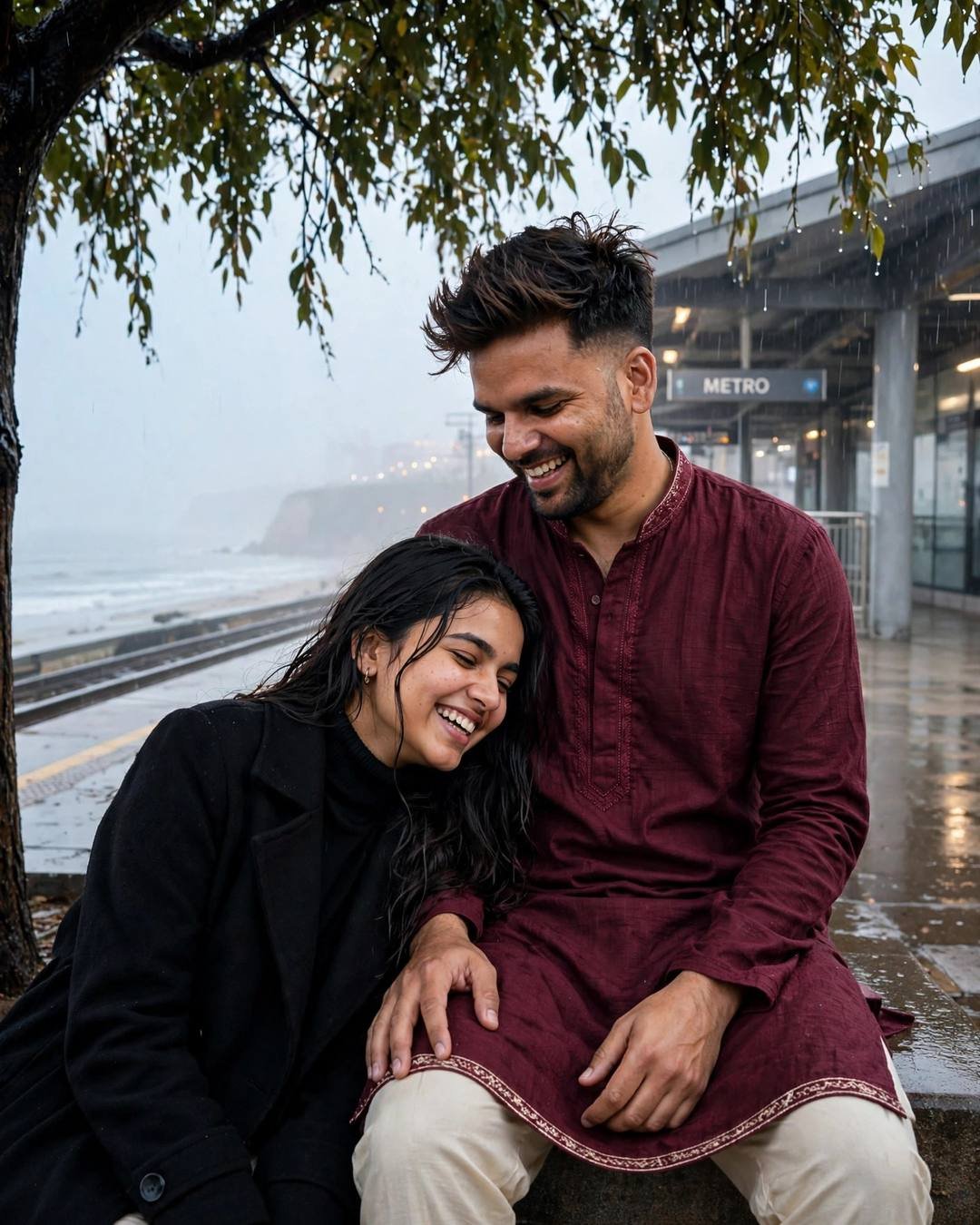 Young Indian couple laughing together under a rain-dripped tree by a metro station — maroon kurta, black coat