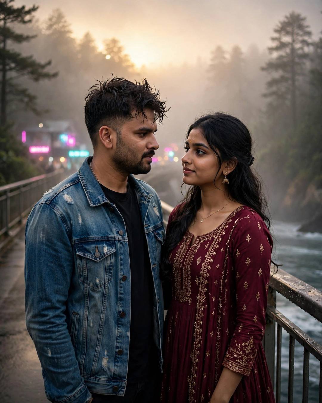 Young Indian couple face to face on a foggy bridge — man in denim jacket, woman in maroon anarkali with jhumkas, neon behind