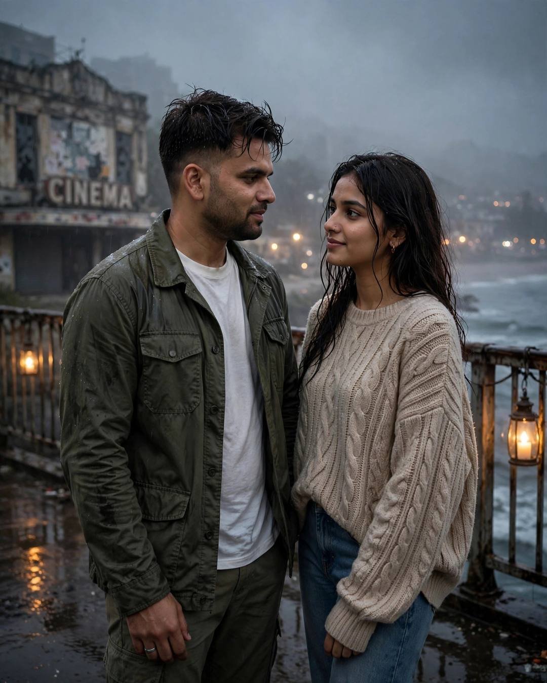 Young Indian couple face to face on a bridge by an abandoned cinema — olive jacket, beige sweater, lantern glowing in fog